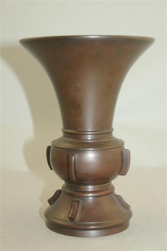 A Chinese bronze beaker vase, Gu, late 19th / early 20th century, 19cm